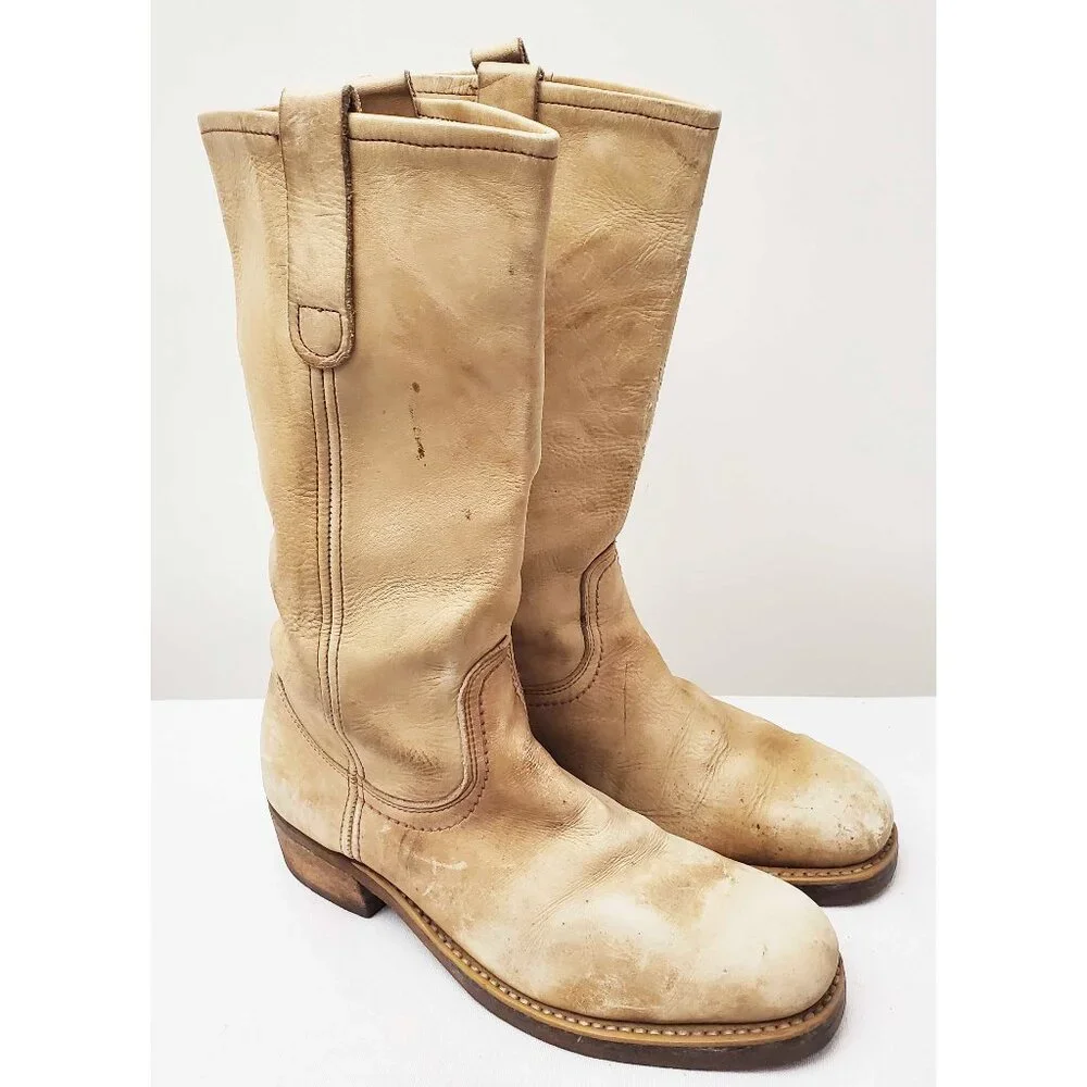 Vtg 1970's Men's Steel-Toe Engineer Rugged Workwear BONE COLOR Boots 7.5 D